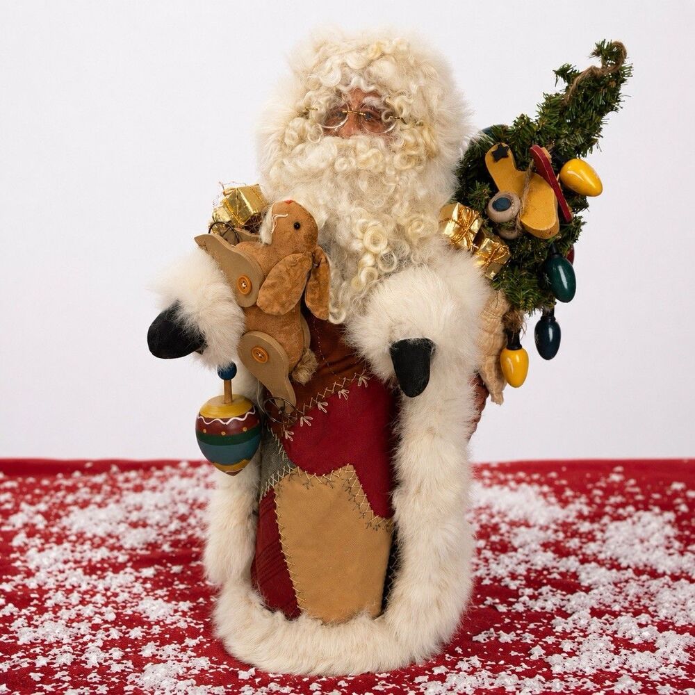 Vintage 1998 Hand Crafted Santa Claus Figure Pat Miller Patchwork Fur Trim 21”